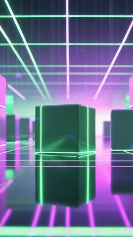 Pulling Back Through Neon Cube Corridor, Futuristic Cyberpunk Vertical Video Loop