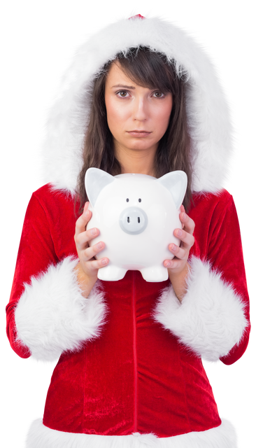 Transparent Sad Woman Holding Piggy Bank in Christmas Santa Suit - Download Free Stock Videos Pikwizard.com