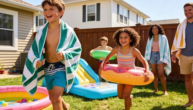 Backyard summer play kids running laughing wearing towels inflatable rings family enjoying