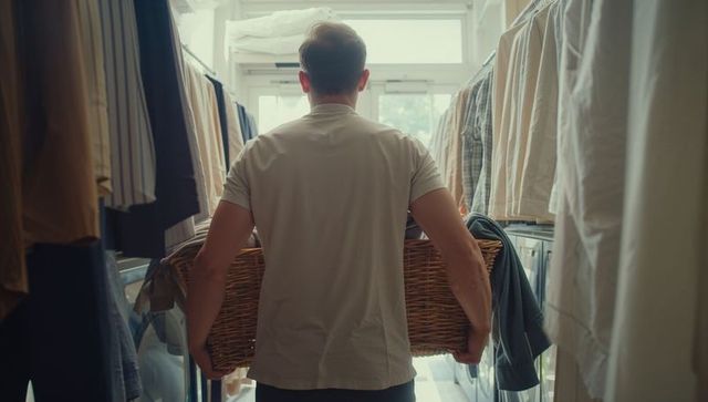 Man carrying wicker laundry basket down narrow sunlit home laundry room back view