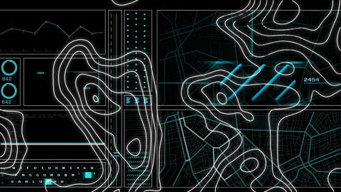 Futuristic Digital Interface with Data Maps and Graphs