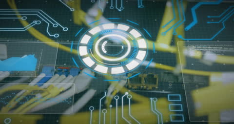 Futuristic Interface with Scanning Scope on Circuit Board