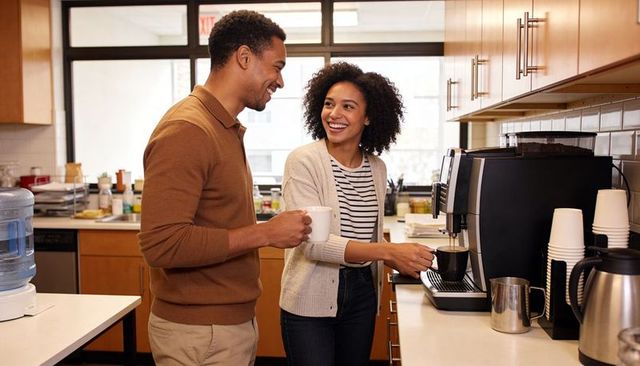 Young coworkers chatting by espresso machine in office kitchen, brewing coffee and smiling