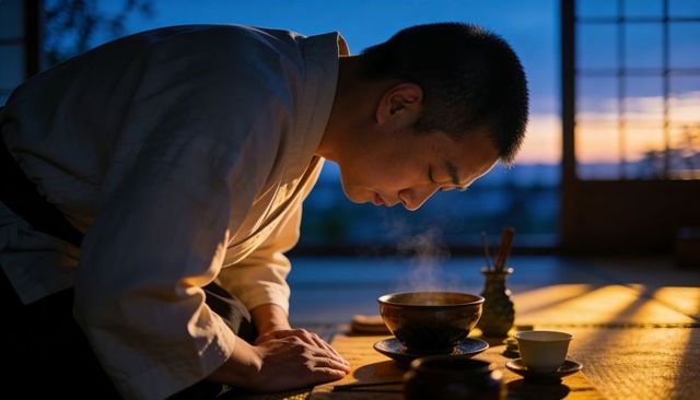 Young asian man bowing during traditional japanese tea ceremony at sunset in tatami room