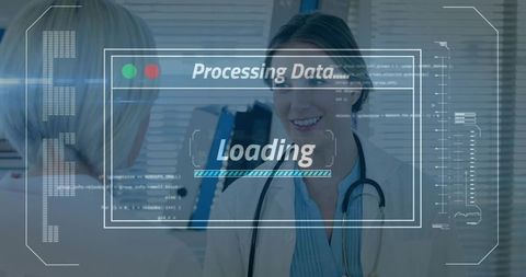 Smiling female physician consulting patient with digital hud loading and medical data overlay