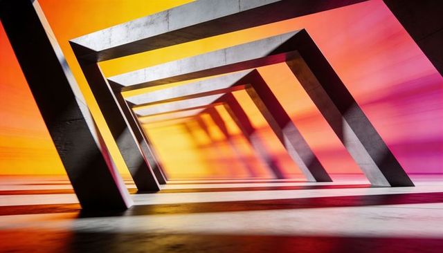 Framing perspective tunnel with angular concrete arches and vibrant gradient lighting