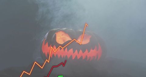 Glowing jack-o-lantern in fog with overlayed market charts and rising arrows for halloween