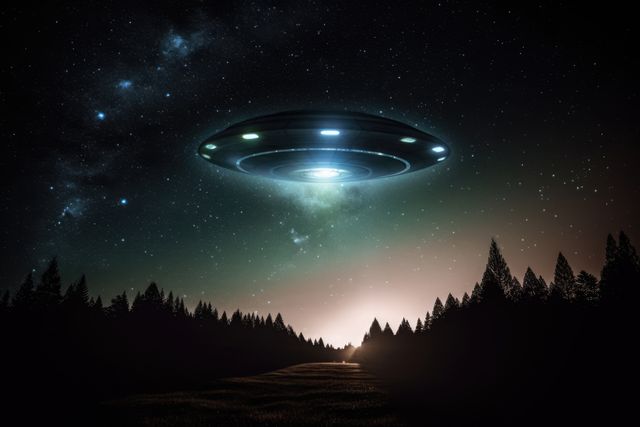 UFO hovers above a forest at twilight, illuminated by the starry sky and surrounded by towering trees. This image suggests mystery and extraterrestrial activity. It can be used for sci-fi themes, alien encounters, supernatural stories, and for illustrating concepts related to space and exploration in digital media or print.