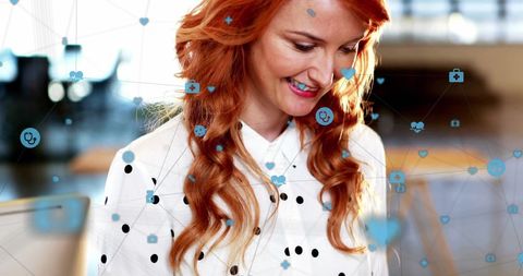 Smiling Woman Engaging in Digital Healthcare Networking