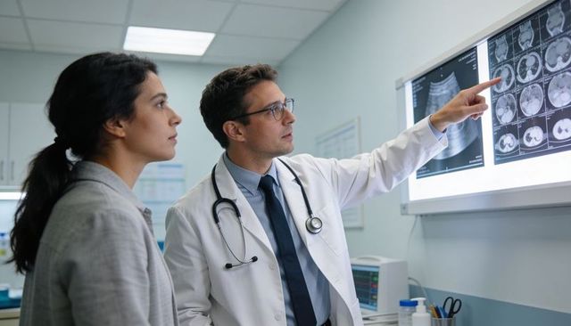 Doctor pointing at ct scans while consulting patient in clinic for radiology review