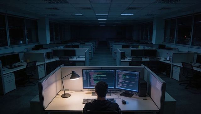 Nighttime developer coding in empty office cubicle on dual monitors under desk lamp
