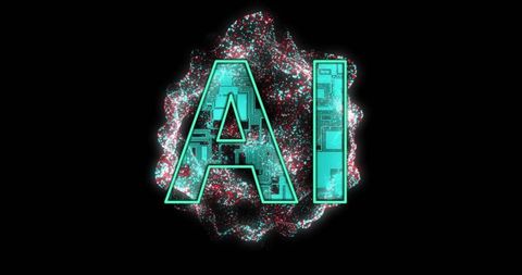 Glowing ai letters with circuit board texture emitting cyan neon halo