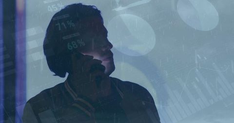 Man With Smartphone Analyzing Financial Data Overlay