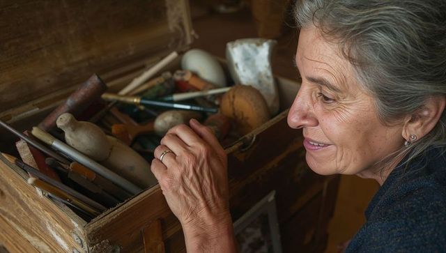 Senior artisan selecting chisel from rustic tool chest in home carving studio