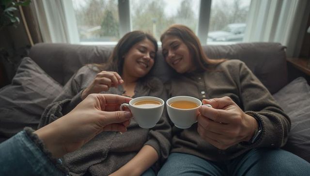 Cozy couple clinking demitasse cups on sofa, snuggling in knit sweaters by window, daylight intimacy