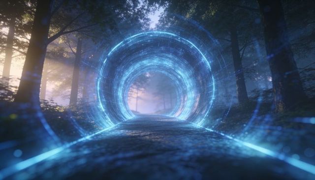 Holographic blue portal hovering over forest path at dawn, glowing rings and light trails