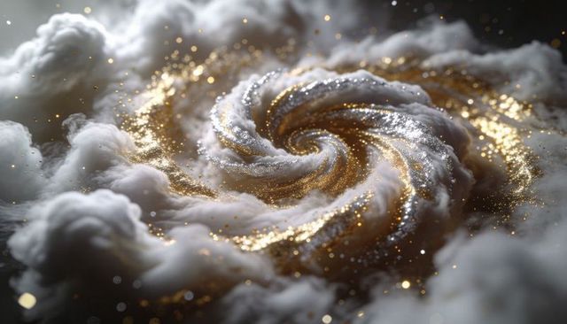 Golden spiral nebula with glittering bokeh and ethereal cloud swirl macro texture