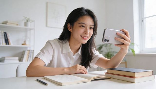 Young woman studying and making video call while holding smartphone at sunlit minimal desk