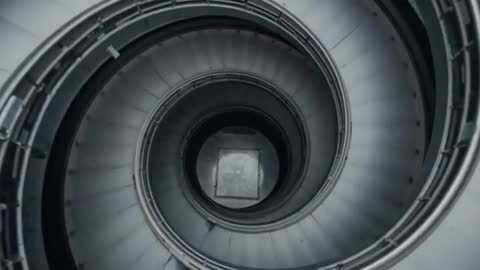 Dramatic Descent Inside Spiral Staircase with Abstract Geometric Style