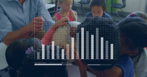 Statistics and digital graphs over students examining globe