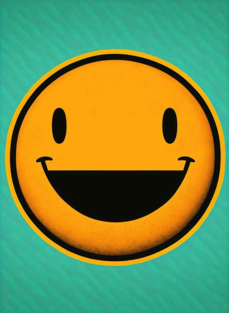 Retro-style smiley face emoticon with a cheerful expression on a teal background. Ideal for use in social media graphics, inspirational posters, or marketing materials promoting positivity and happiness.