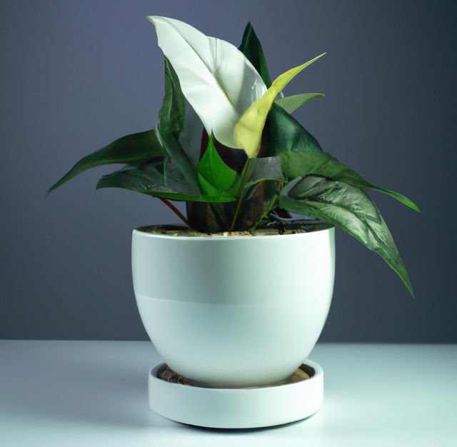 Image of close up of indoor plant in white pot on dark grey background. Plants and nature concept.