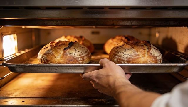 Baker pulling rustic sourdough loaves from oven on metal baking sheet
