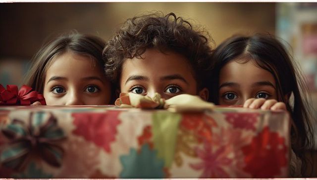 Curious Children Peeking Over Gift Box with Anticipation and Joy