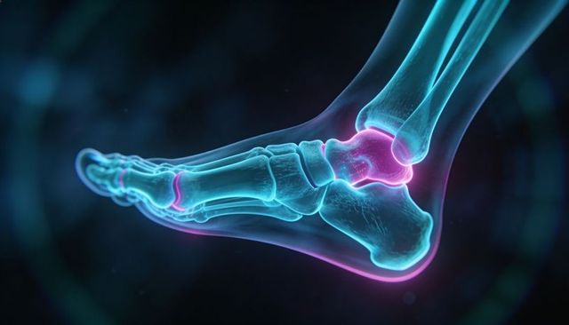 3D Medical Render Foot Skeleton Highlighting Ankle and Tarsal Joints with Neon Glow