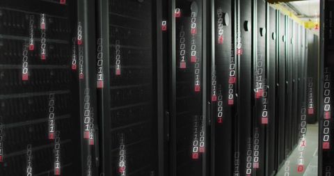 Digital binary code flowing in modern data center