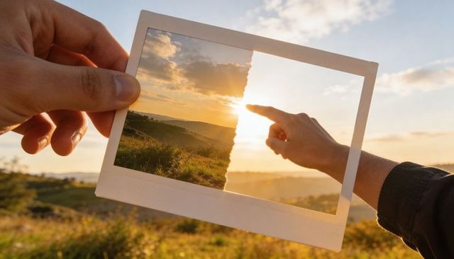 Hands Aligning Torn Polaroid Frame with Golden Hour Sunset Over Rolling Hills