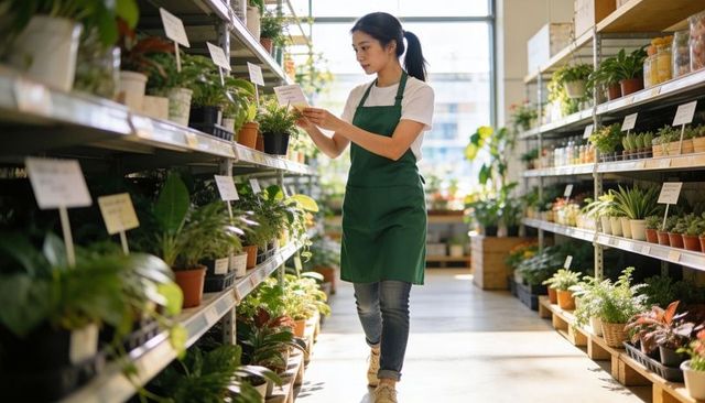 Woman reading plant tag while holding label in bright green plant shop aisle wearing apron