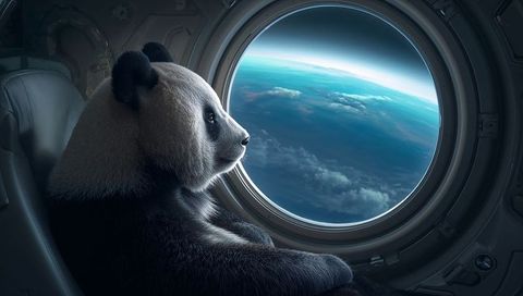 Giant panda gazing through spacecraft porthole at Earth horizon in tranquil orbital scene