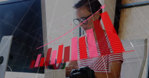 Businesswoman Analyzing Data with Animated Graphic Overlay