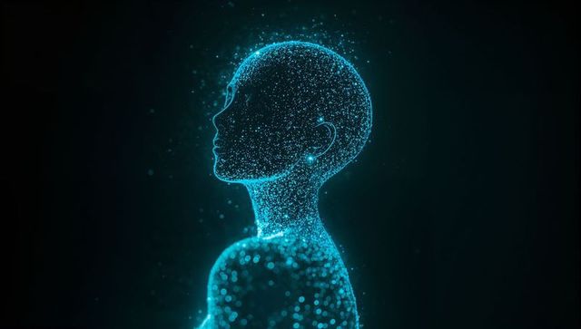 Forming neon humanoid profile composed of cyan particles glowing in digital void