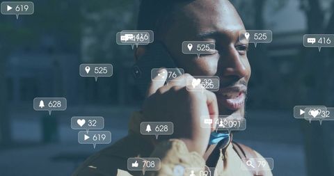 Social Media Engagement Overlays Man Communicating on Smartphone