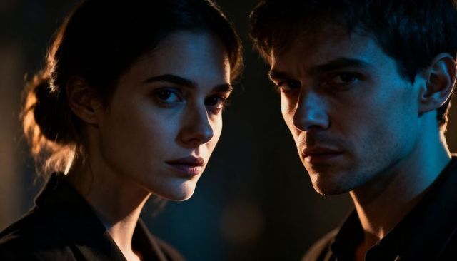 Cinematic duo portrait featuring intense gaze, warm rim light and cool blue key lighting