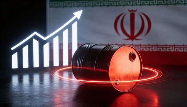 Rolling crude oil barrel with rising price graph and iran flag backdrop