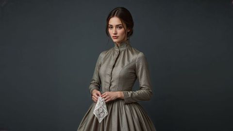 Elegantly Poised Woman in Victorian Grey Gown Holding Lace Handkerchief