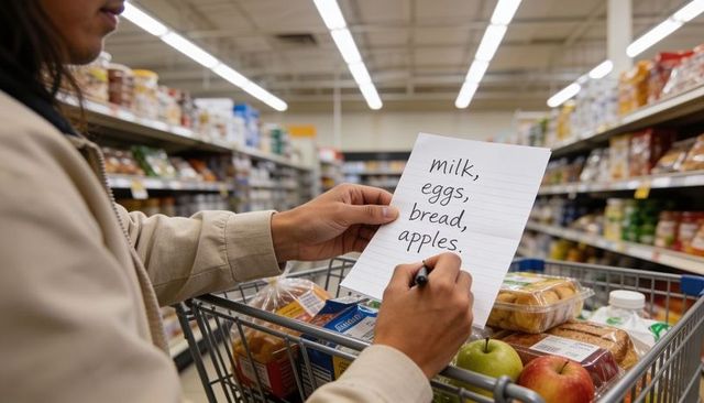 Shopper holding checklist in supermarket cart while writing grocery list with pen