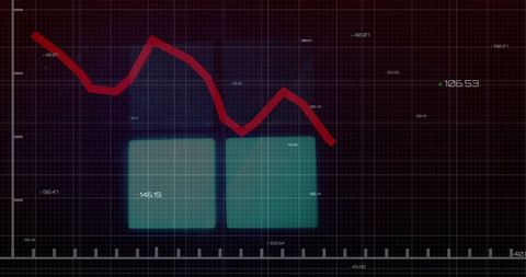 Declining Red Line Chart Overlaid on Maroon Grid with Teal Data Blocks and Glowing Metrics