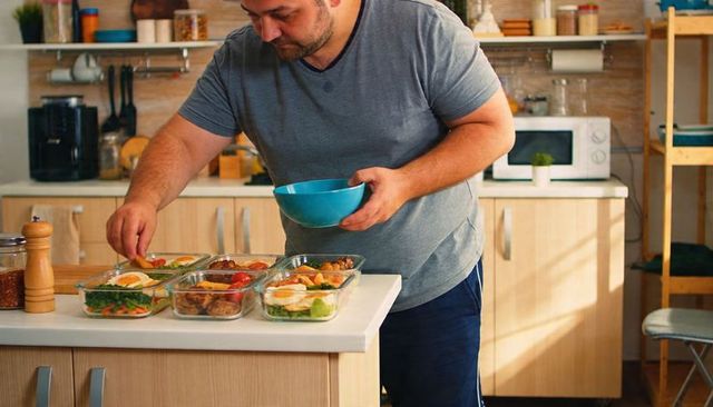 Man meal-prepping healthy glass containers on kitchen island holding blue bowl