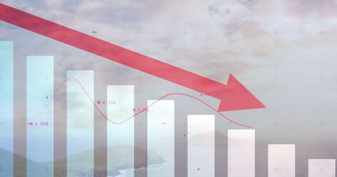 Declining Business Trends With Red Arrow Over Bar and Line Graphs