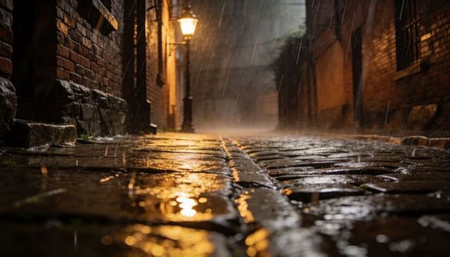 Rain-soaked cobblestone alley reflecting amber lamplight, misty moody night
