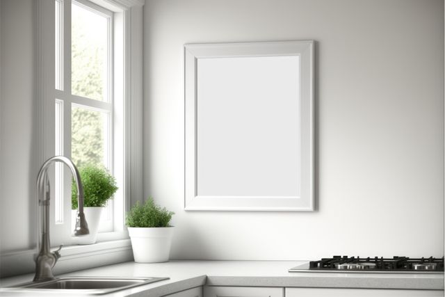 Perfect for illustrating clean and modern kitchen spaces, this image showcases a white kitchen interior with a blank picture frame, green potted plants near a window, suggesting a minimalist and fresh environment. Ideal for use in home decor blogs, interior design websites, and real estate listings.
