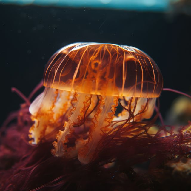 Close up of orange glowing jellyfish underwater, created using generative ai technology. Ocean life, fish and beauty in nature concept digitally generated image.