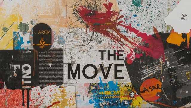 Urban mural collage reading move with bold typography, paint splatters, layered posters