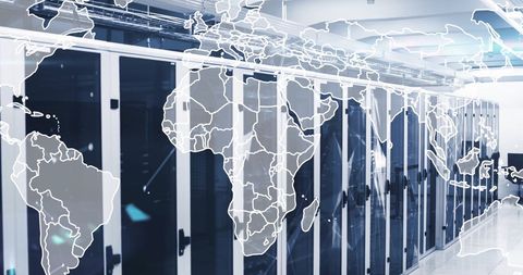 World Map Overlay on Modern Data Center Infrastructure - Download Free Stock Images Pikwizard.com