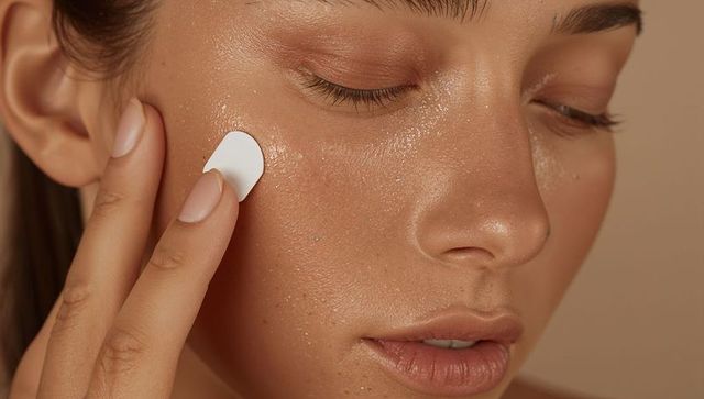 Young woman pressing cotton pad with serum, dewy glowing skin close-up for skincare