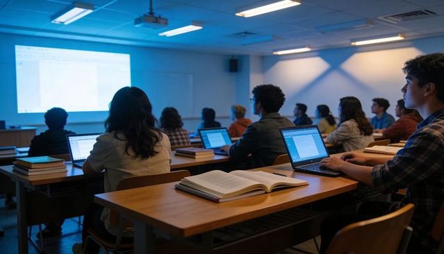 College students studying with laptops in lecture hall with projected slides